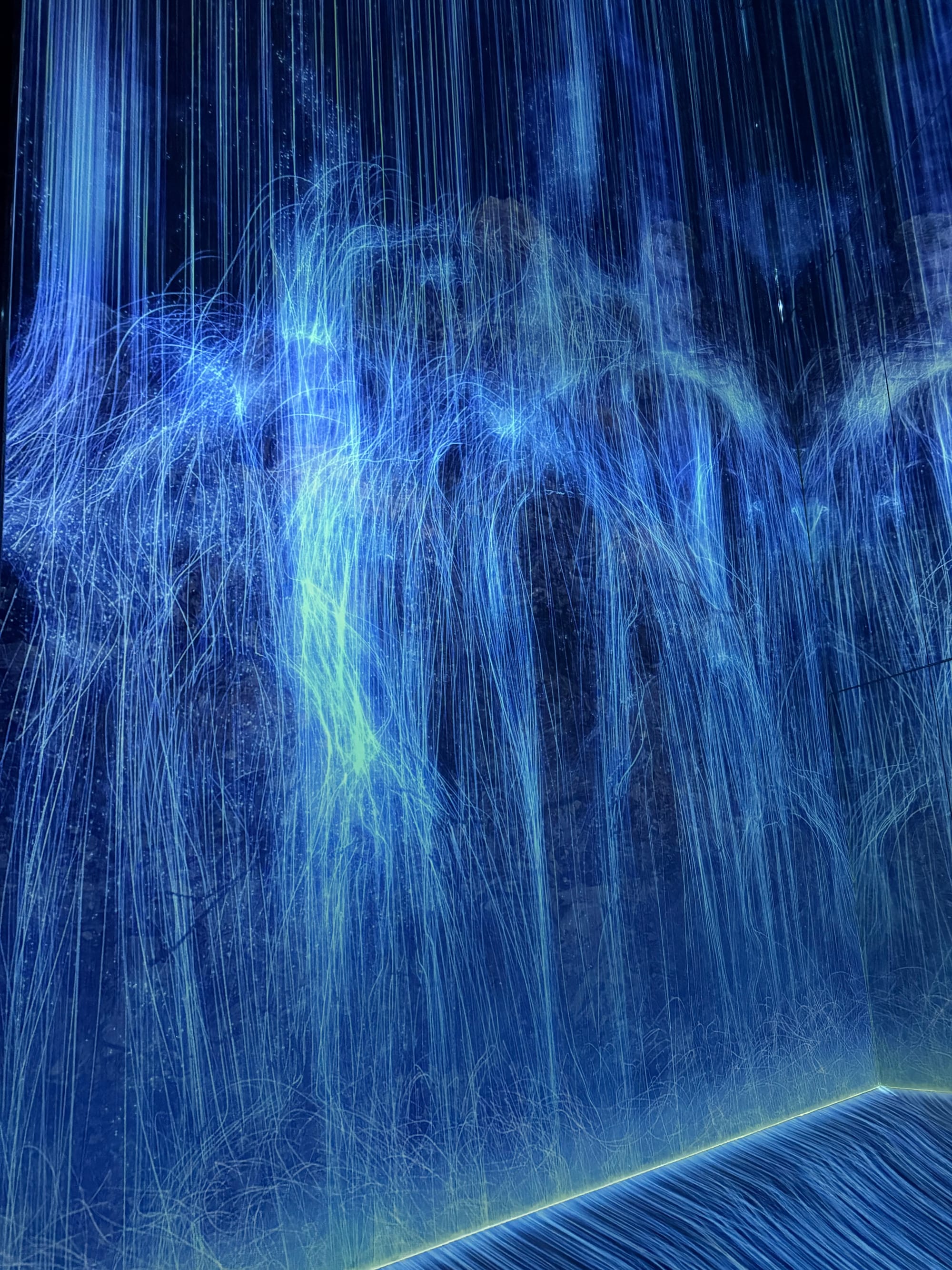 Immersive digital artwork at teamLab Biovortex Kyoto, featuring cascading blue streams of light resembling waterfalls flowing down a dark wall and pooling across the illuminated floor.