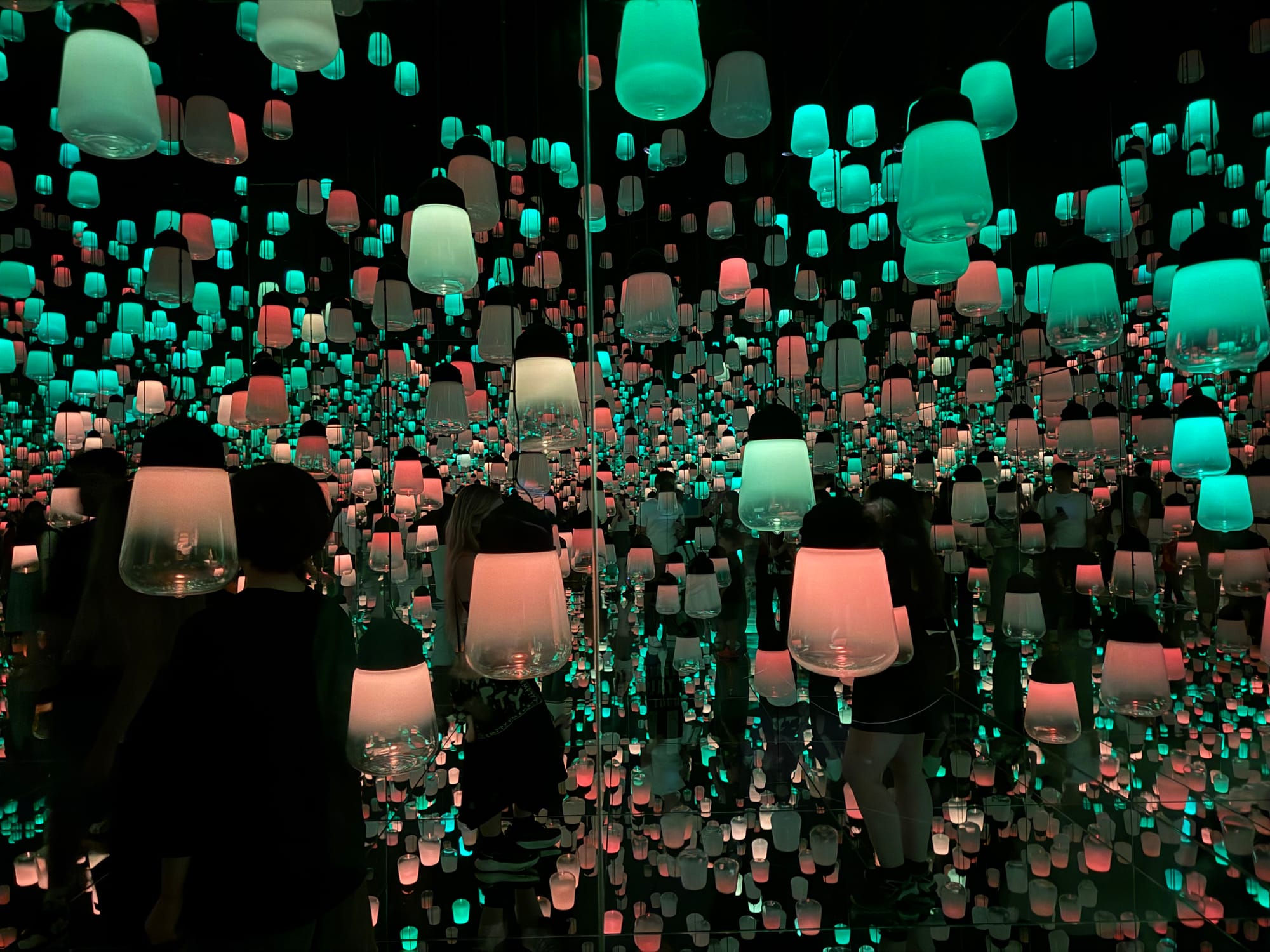 Visitors walk among hundreds of suspended lamps in Forest of Resonating Lamps at teamLab Biovortex Kyoto, with mirrors multiplying the coloured lights into an endless space.
