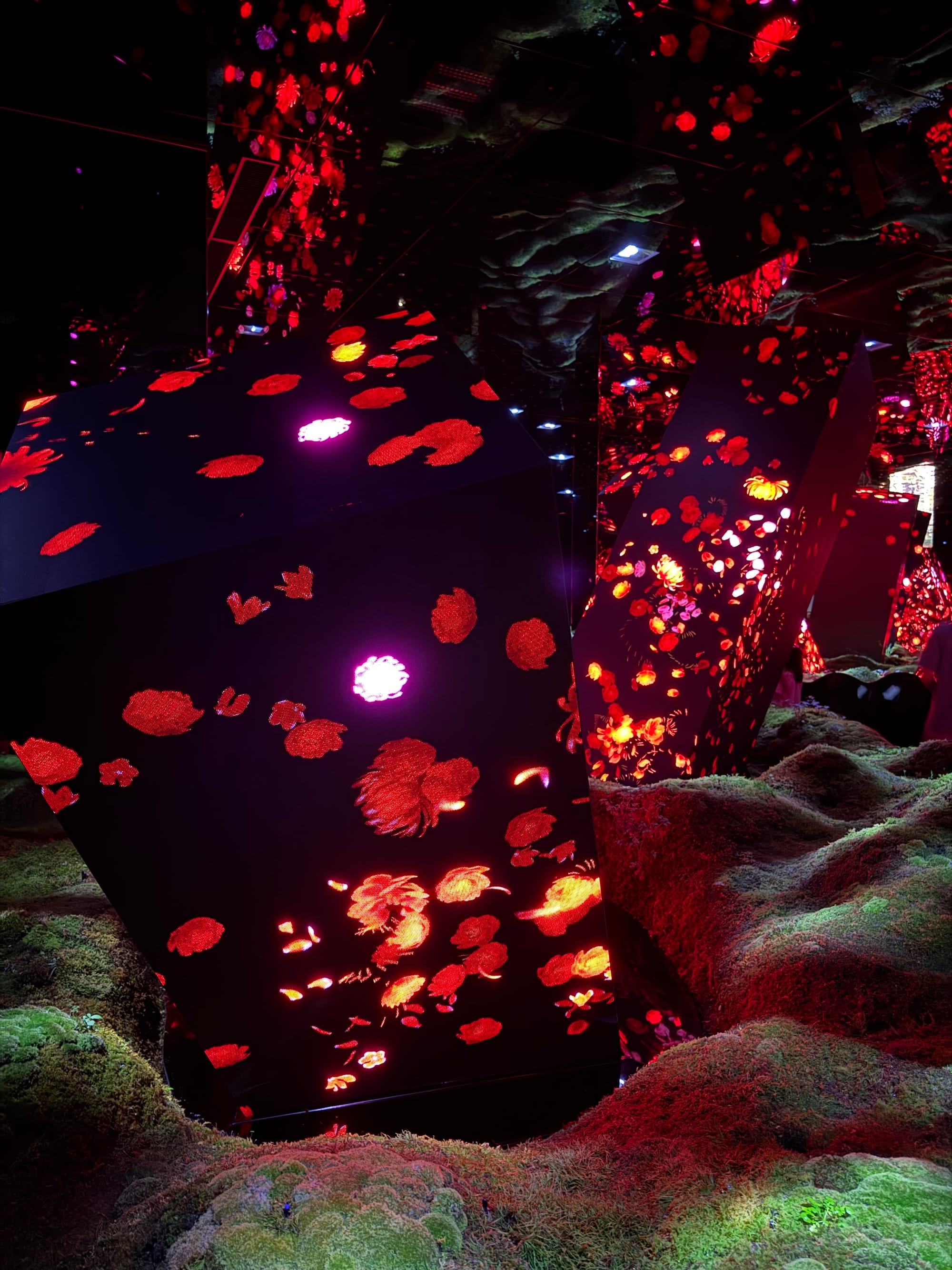 Megaliths in the Open Universe at teamLab Biovortex Kyoto, featuring mirrored geometric forms covered in glowing floral projections rising from a moss-like landscape.