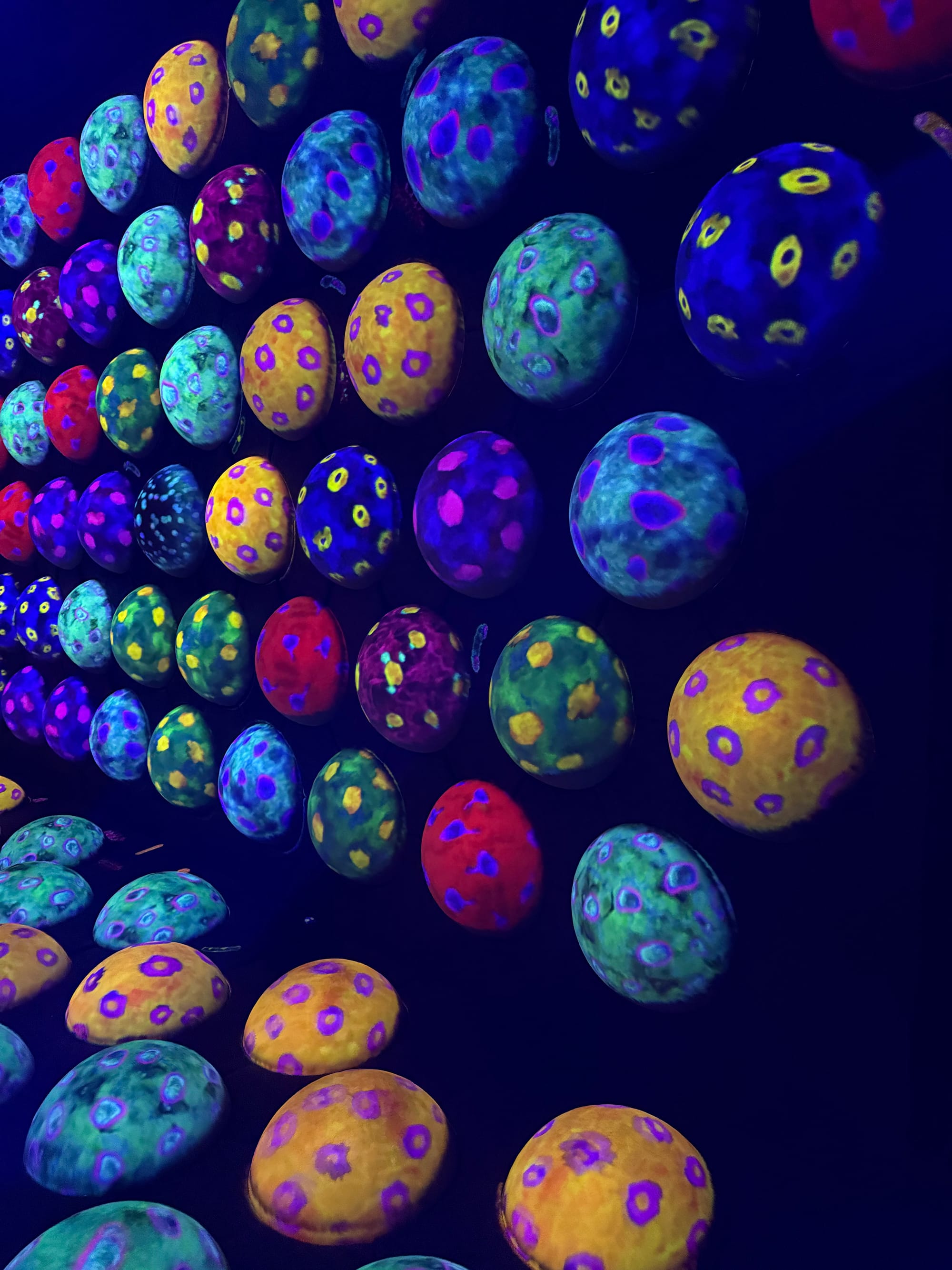 Interactive sphere installation at teamLab, featuring dozens of brightly coloured polka-dot spheres covering the walls and floor in a dark immersive play space.