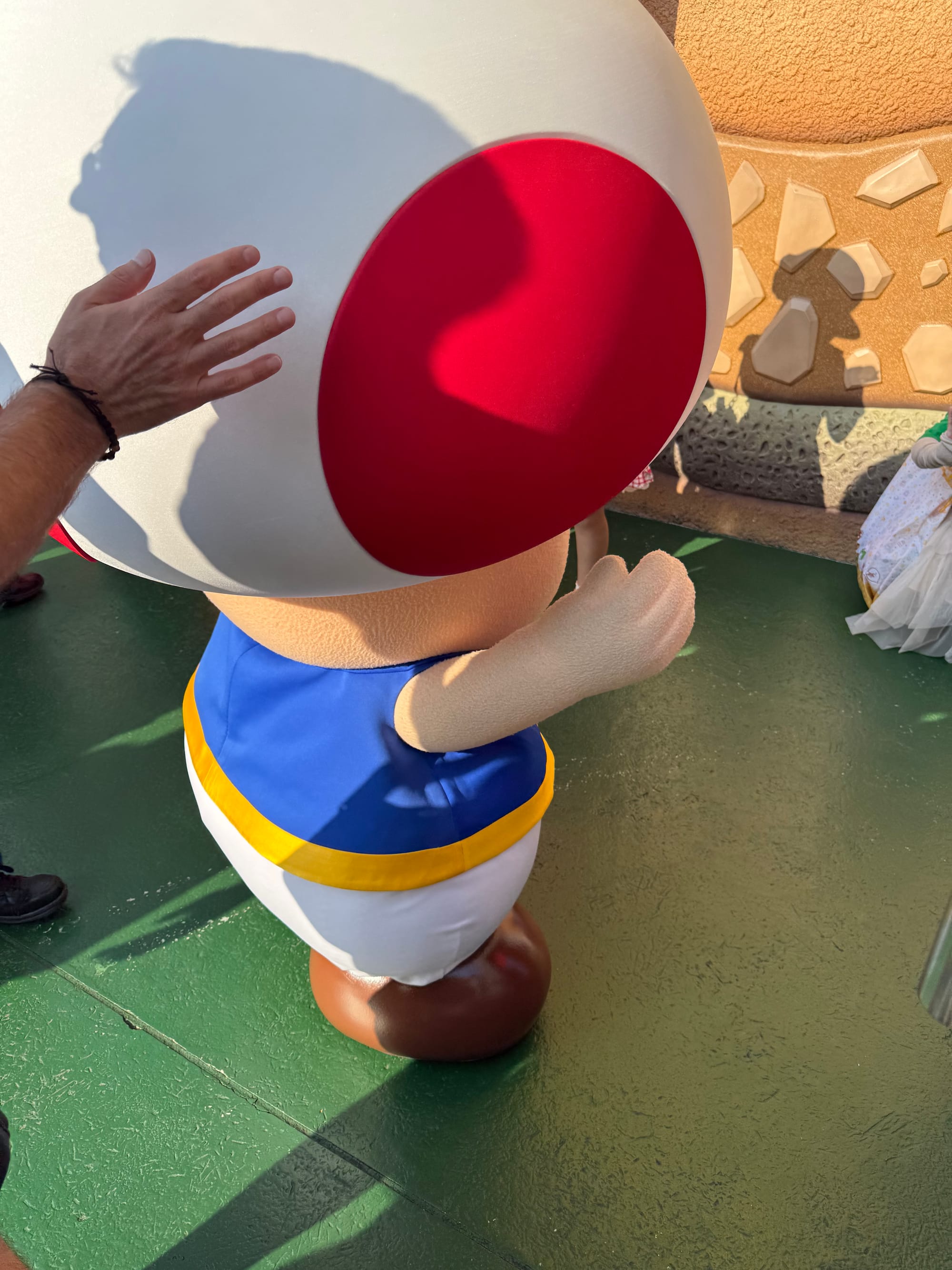Toad character performer at Super Nintendo World in Universal Studios Japan, viewed from behind as a visitor reaches out to interact with the Mushroom Kingdom resident.