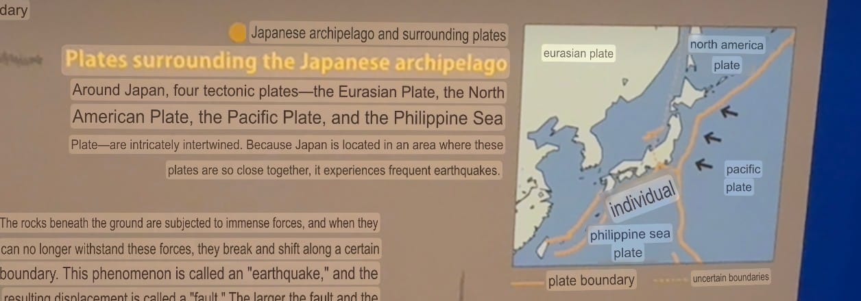Diagram showing the tectonic plates surrounding Japan, including the Eurasian, North American, Pacific and Philippine Sea plates, with plate boundaries marked on a map.
