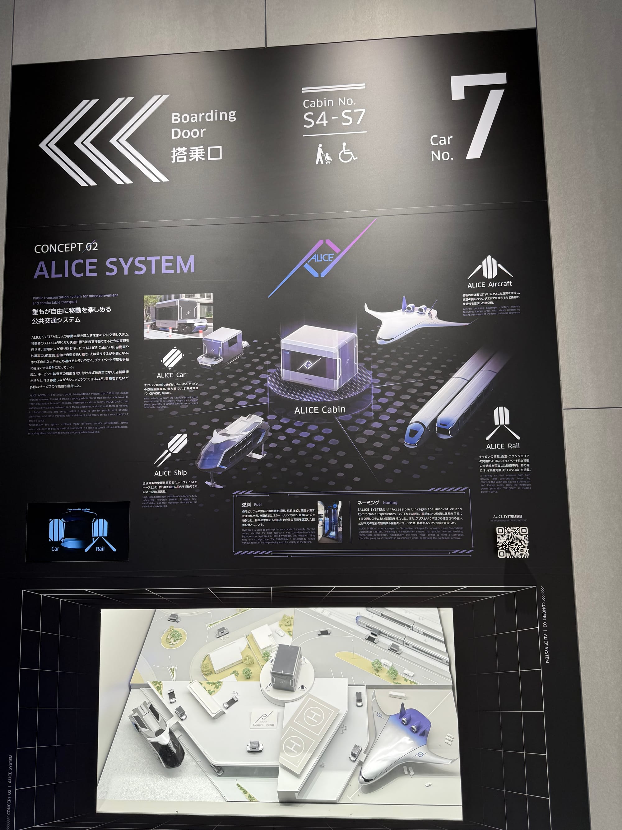 ALICE System exhibit at Kawasaki Good Times World, showing Kawasaki's concept for modular transport capsules that can transfer seamlessly between rail, road, air and sea vehicles.