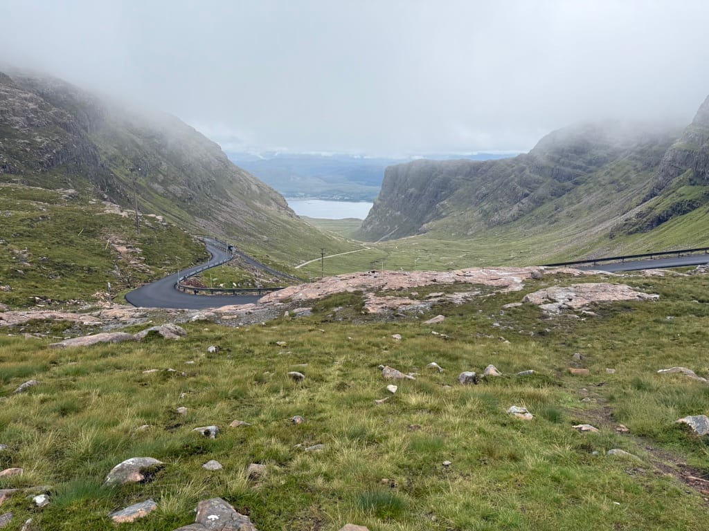 Bealach na Bà mountain pass descending towards Loch Kishorn.